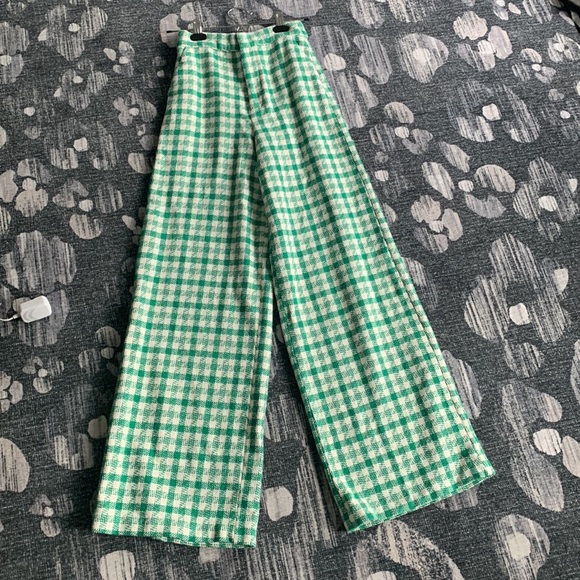 Retro Inspired High Waist Green Plaid Wide Leg Pants Zara Extra Small - Picture 9 of 12